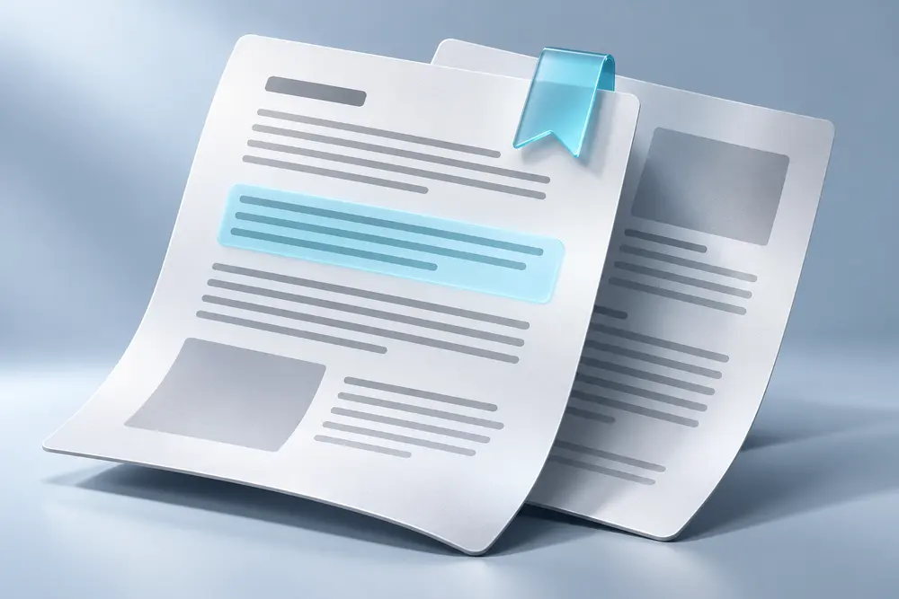 Research and reference material with a highlighted passage and bookmark.