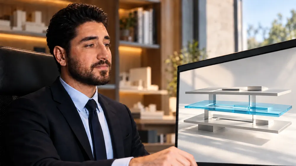 Portrait beside an architectural model.