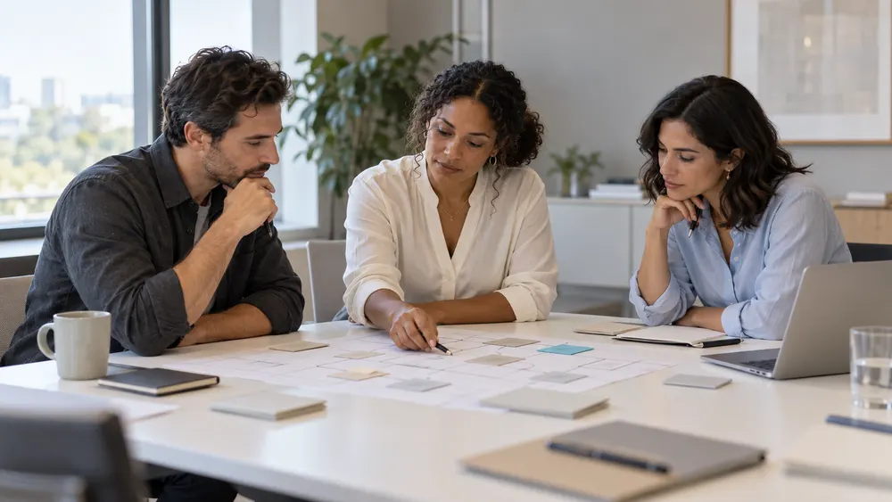 Three people considering a workflow map together.